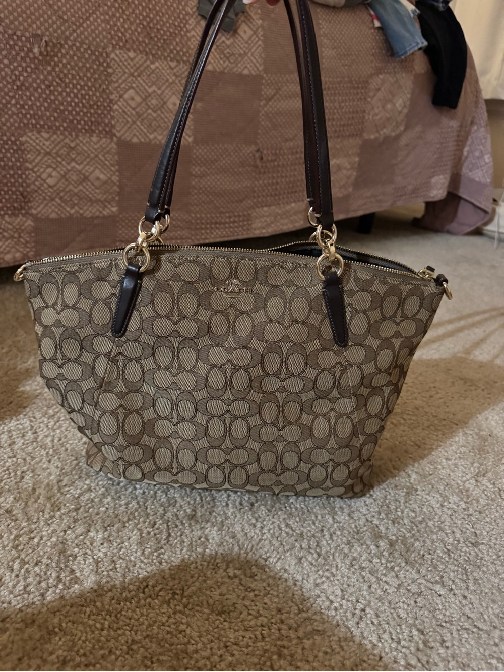 Coach Brown/Khaki Signature Canvas Tote with Dark Brown Leather Trim